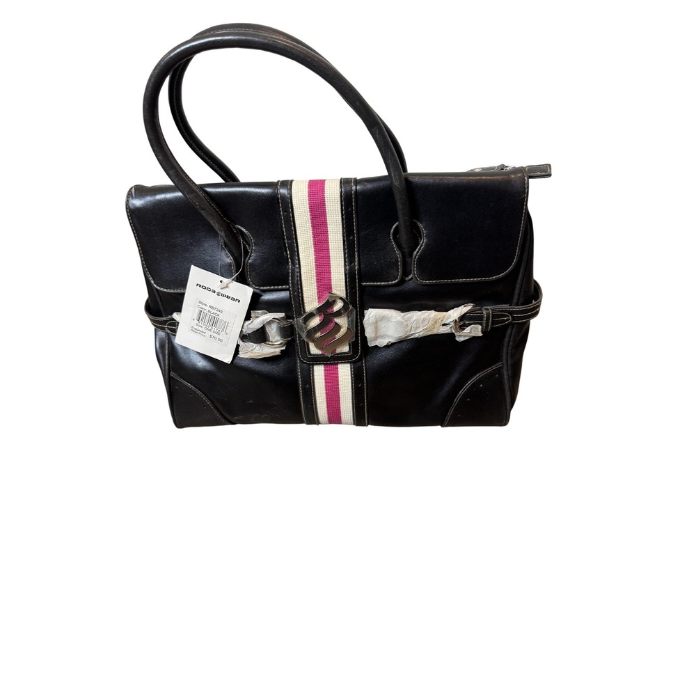 Rocawear Satchel Bag Womens Large Black Faux Leather Stripe Pink Lining Logo Y2K